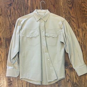 Men's Beige denim custom pearl snap shirt measurements in description